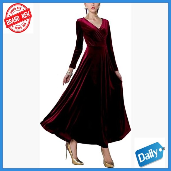 Long Sleeve V-Neck Velvet Maxi Dress for Formal Occasions